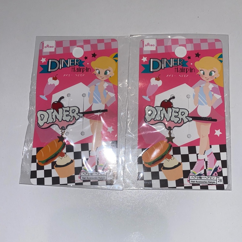 Daiso Diner Hair Pins With Red Cherry On Top & Dangling Star on Bottom, Set of 2